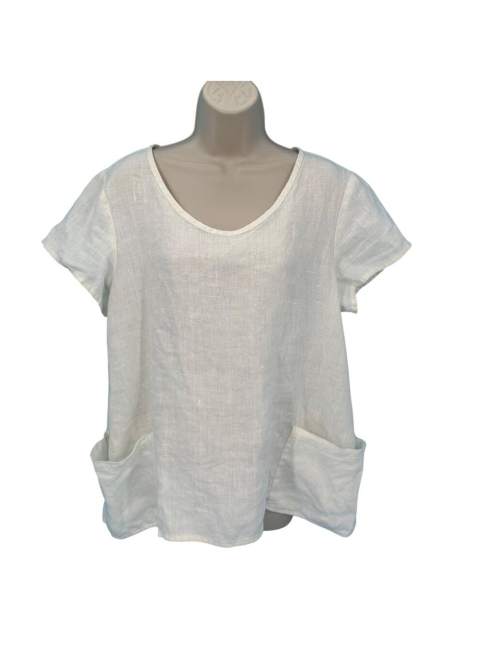 NWOT FLAX White 100% Linen Scoop Neck Pockets Short Sleeve Tunic Blouse Size M